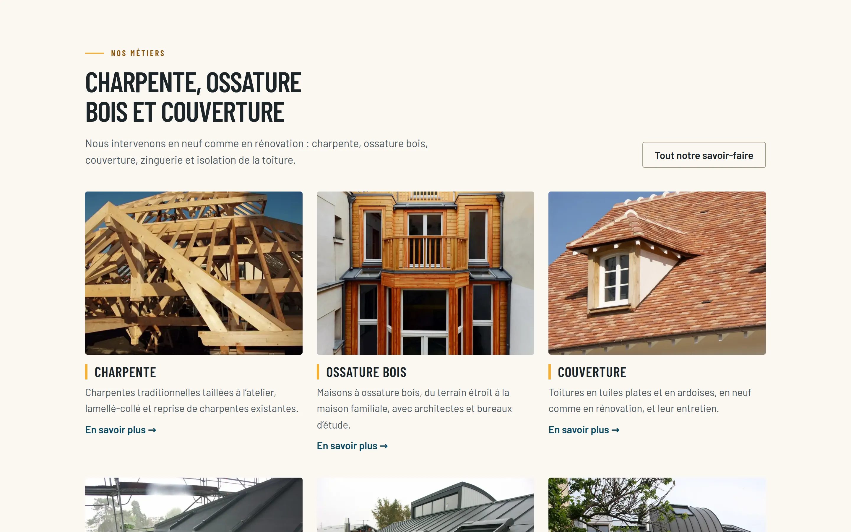Section « Nos métiers » de bati-charpente.fr : charpente, ossature bois, couverture, zinguerie, isolation, agrandissement, chacun avec sa photo et son lien.
